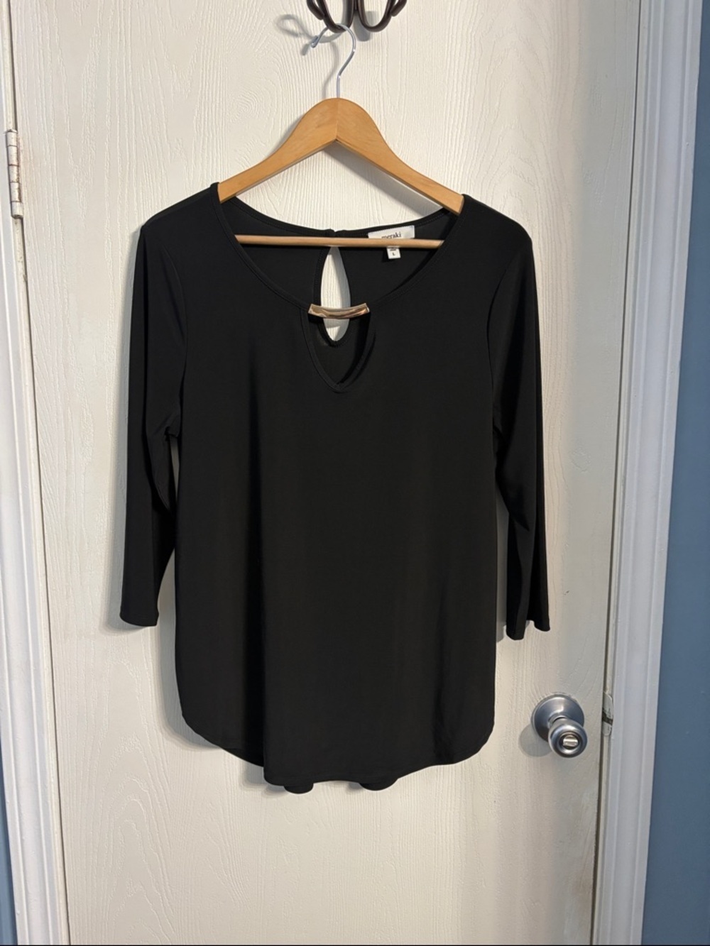 meraki Black Long Sleeve Tee with Keyhole and Gold Bar Accent